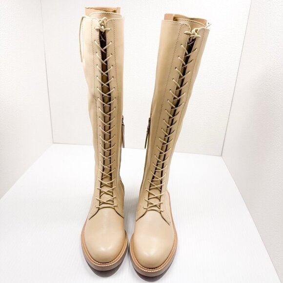 Sam Edelman Nance Boots 7M Women’s Lace Up Knee High Eggshell Leather Riding NIB - Picture 3 of 13